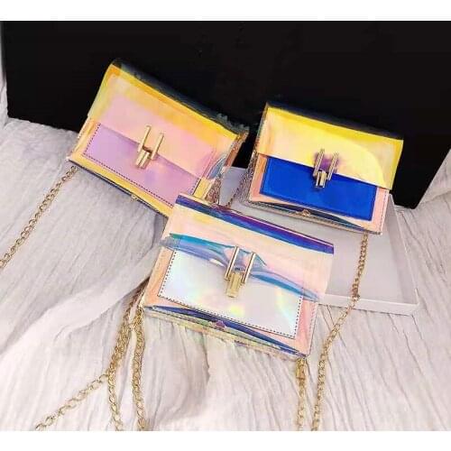 Womens New Laser Transparent Cross One Shoulder Small Square Bag, 2021 Fashionable Beach Versatile Chain Color Messenger Bag