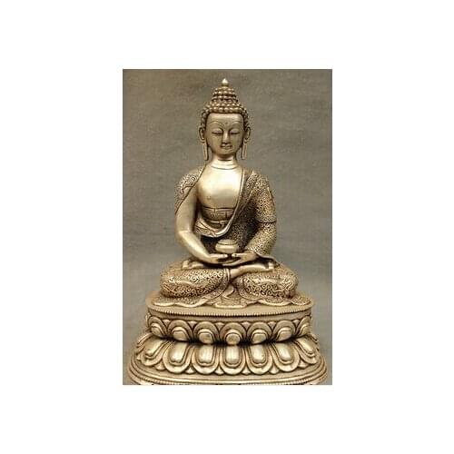 Decorated 14" Tibet Silver Buddhism Temple Dragon Shakyamuni Buddha Bowl wholesale real Tibetan Silver Brassroom