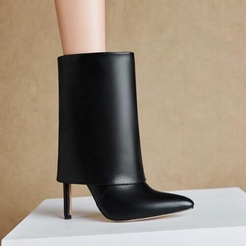 Dipsloot Black White Chocolate Stiletto Heels Fold Mid-calf Boots Woman Pointed Toe Chunky Heels Slip On Tube Short Boots Shoes