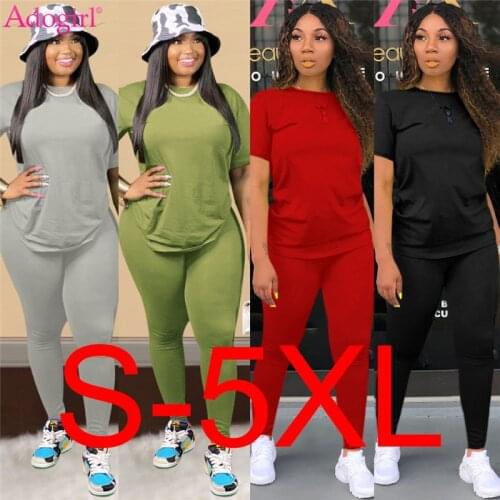 Adogir S-5XL Plus Size Women Suit Fashion Casual Two Piece Set Tracksuit Short Sleeve T Shirt Top Leggings Pants Sportswear