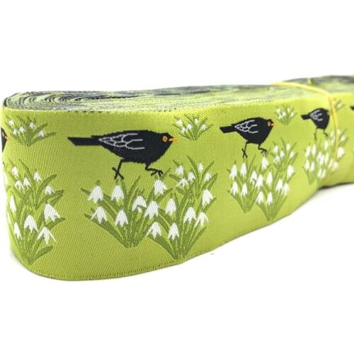 1-1/2'' 38mm-22mm Lime Color Spring Flower and Birds European Dog Collar Jacquard Ribbon