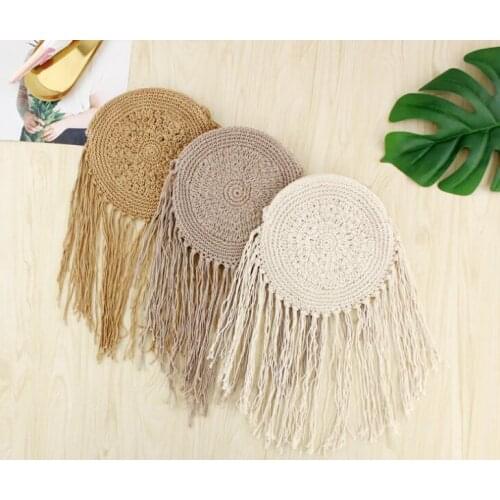 2018 Summer National Style Straw Beach Bag Women Cotton Knitted Tassel Hand Bag Round Beach Straw Handbag