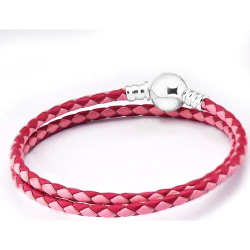 Bracelet Mixed Pink Woven Double Leather Charm Bracelets for Women Men 925 Silver Jewelry Pulseira Masculina Feminina Hombre