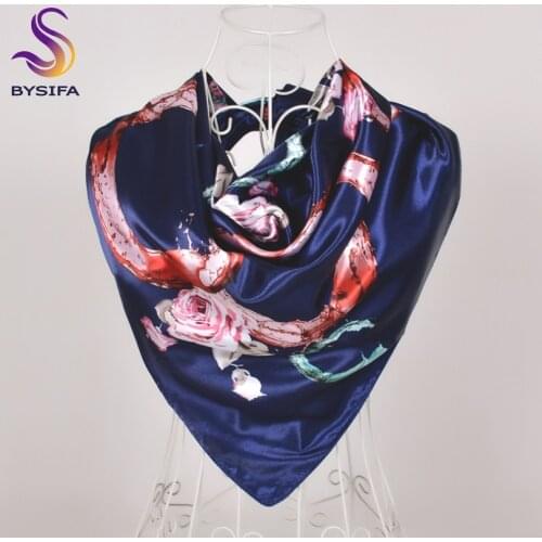 [BYSIFA] Navy Blue Women Letters Silk Scarf Shawl Fashion Accessories Satin Square Scarves Wraps Spring Fall Headscarf Kerchief