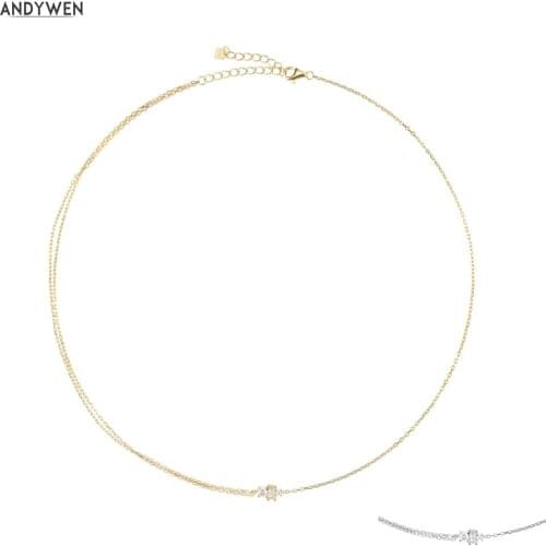 ANDYWEN 925 Sterling Silver Gold Double Chain Zircon CZ Charm Choker Neckace Long Chains Women Wedding Jewelry For Women Jewels