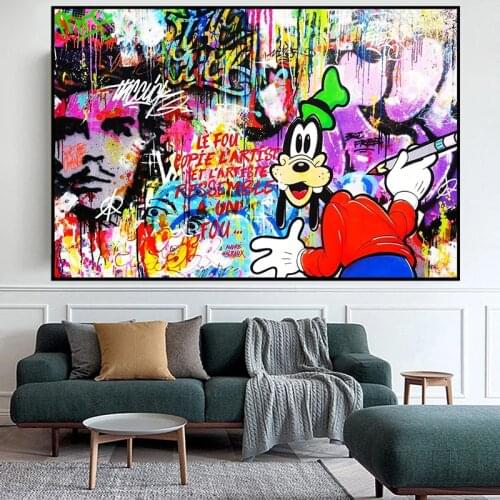 Disney Graffiti Goofy Is Drawing Canvas Painting Cartoon Anime Prints and Posters Wall Art Pictures for Kids Room Decor Cuadros