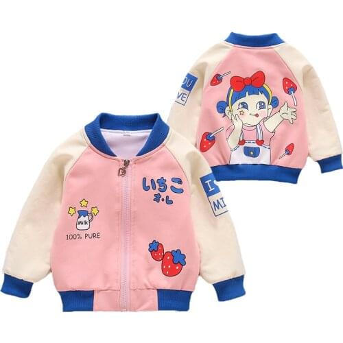 Cartoon Girl And Strawberry Pattern Cute Coat For Girls Spring Autumn Kids Windbreaker Jacket Toddler Children Lovely Sweatshirt