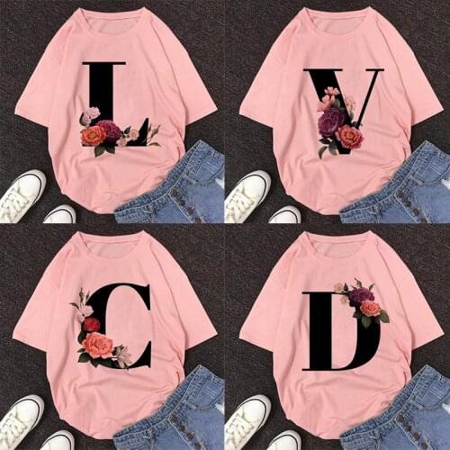26 English Alphabet Print Tshirt Harajuku Casual Pink Tops T Shirt Women 2021 New Summer Couples Lovers Female T-Shirt