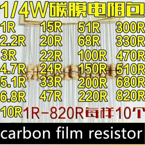 250pcs/lot 1/4W carbon film resistor package 0.25W 1 Euro-820 Euro 25 kinds of 10 each 5.1/10/20/100/4.7R