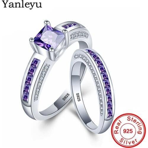 Yanleyu Luxury Princess Square Cut Purple Cubic Zirconia Couple Rings 2pcs 925 Sterling Silver Wedding Rings Set for Women PR244