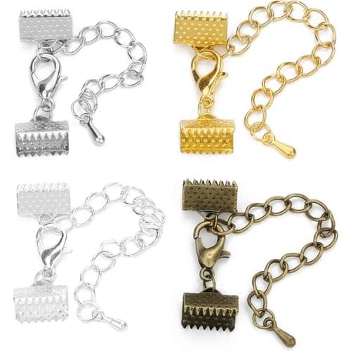 10 Sets/lot Leather Cord End Clasps With Chains End Fastener Clasps Extender Chain Lobster Clasps Connectors For Jewelry Making