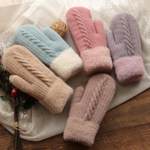 Korean Plus Velvet Knit Wool Cute Twist Cold Bicycle Gloves Womens Winter Full Finger Double Layer Thick Warm Driving Mitten R6