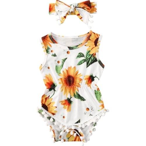 2020 Baby Summer Clothing Newborn Baby Girl Sunflower Print Sleeveless Bodysuit+Bow Hairband Sleeveless Outfit Clothes Set