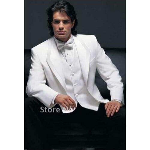 Hot Best Selling Suits Custom Design White Groom Tuxedos Groomsmen Mens Wedding Suits Best man Suits (Jacket+Pants+Vest+Tie)