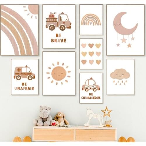 Cartoon Sun Moon Rainbow Cloud Car Wall Art Canvas Painting Nordic Posters And Prints Nursery Wall Pictures For Kids Room Decor