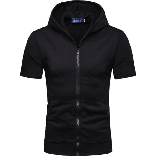 Mens Zip Up Hoodie Blouse Short Sleeve Hooded Zipper Sweatshirt Tops Black Gray