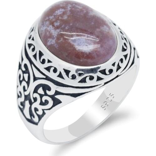 Brown Natural Stone 925 Sterling Silver Male Ring India Agate Stone Vintage Coral Butterfly Signet Ring For Men Wedding Jewelry