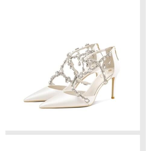 2021 spring new fashion simple stiletto bridal wedding shoes female white party dress single shoes rhinestone pointed sandals