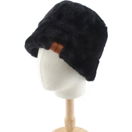 Faux Fur Winter Black Bucket Hat For Women Girl Fashion Solid Thick Soft Warm Fisherman Hat Outdoor Vacation Panama Bob Cap