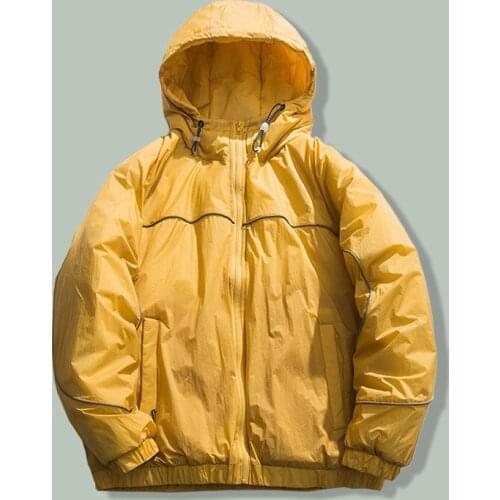 Harajuku Retro Line Decoration Hooded Parka Men Hip Hop Streetwear Solid Color Loose Parka Winter Thicken Keep Warm Couple Coats