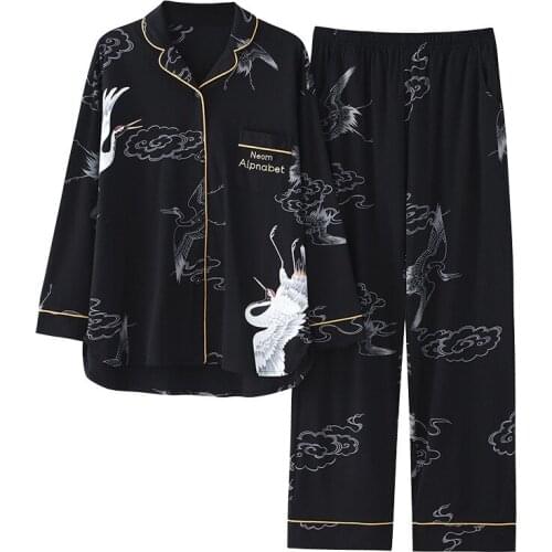 2PCS Chinese Women Pajamas Set Sexy Notched Print Crane Pyjamas Cotton Sleep Suit Sleepwear Nightwear Summer Loose 3XL Home Wear