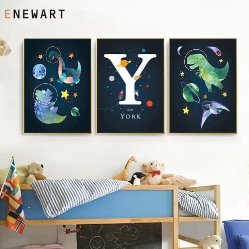 Dinosaur Rocket Nursery Print Poster Customized Name Wall Art Cartoon Space Theme Canvas Painting Kid Bedroom Decoration