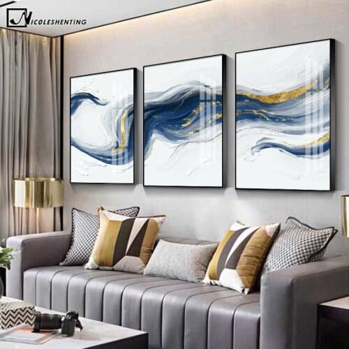 Luxury Contemporary Abstract Art Canvas Painting Blue Golden Nordic Poster Print Minimalist Decorative Picture Modern Home Decor