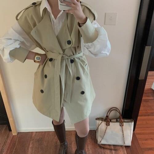 Long-sleeved Shirt Casual Double-breasted Trench Vest Coat Women 2021 Autumn Clothes Loose Blouse Ladies Windbreaker 2-piece Set