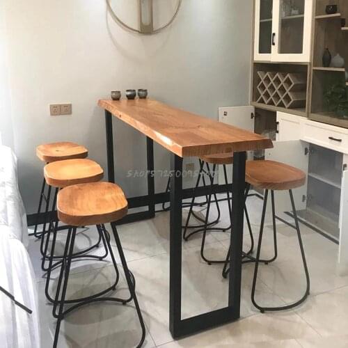 Nordic solid wood long table coffee shop bar counter against the wall high stool bar table wrought iron household indoor table a