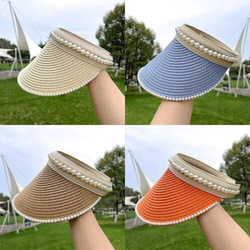 Fashion Empty-top Straw Hat Female Face Sunscreen Small Fresh Sun Hats Beach Summer Without A Top Cap Pearl Lace Sun Caps