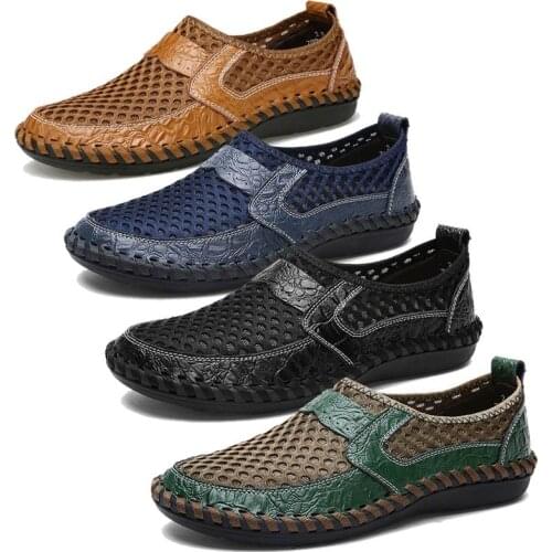 YJP Men Loafers Patchwork Leather Mesh Casual Shoes Man Summer Beach Shoes Slip-on Soft Sole Male Breathable Driving Flats