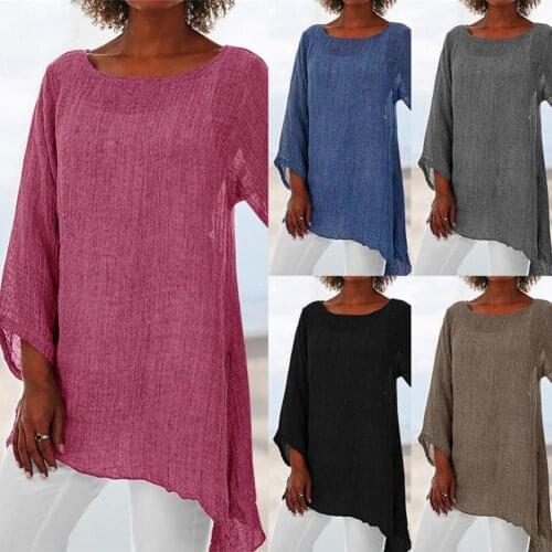 2021 New Women T-shirts Plus Size Women Solid Color Linen O-Neck Long Sleeve Irregular Tunic Top T-Shirt 5XL For Women Clothing