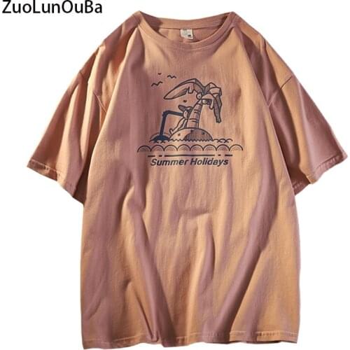 ZuoLunOuBa 2021 Summer Casual Japanese Style Pink Women T Shirt Print Comics Summer Day Holiday Seaside Tourism Tees Tops Female