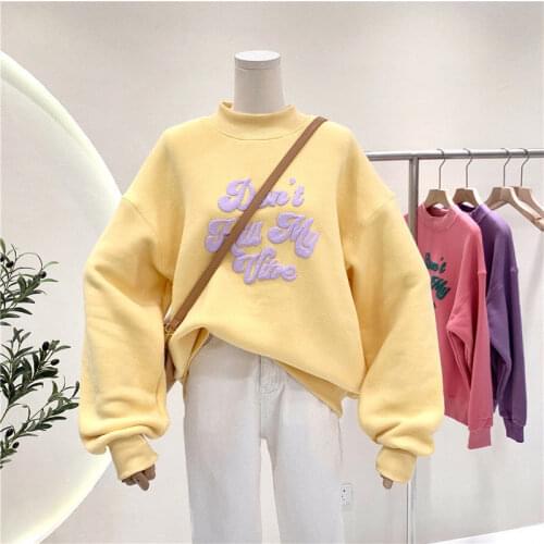 Autumn Winter Velvet Sweatshirt Women Long Sleeve Pullover Fleece Tops Female Harajuku Loose Hoodies Letters Yellow Red White