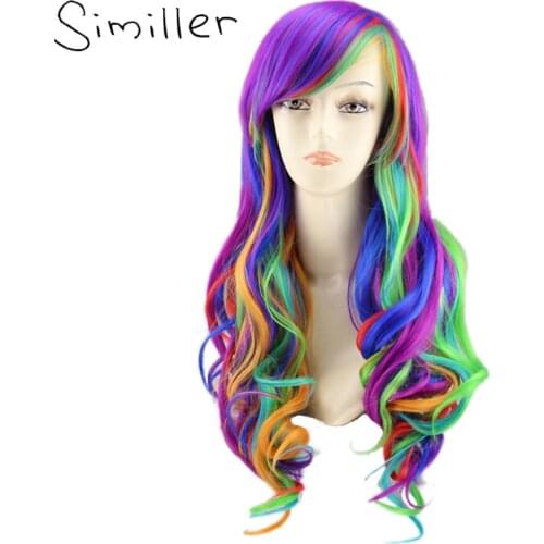 Similler Rainbow Womens Long Curly Synthetic Hair Cosplay Wig + A Haircap Multi Color