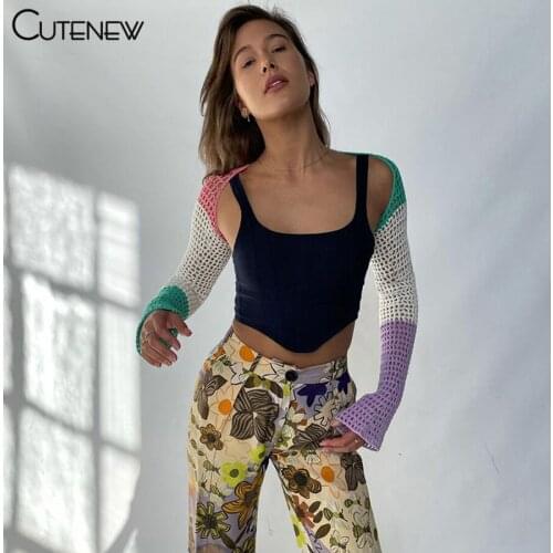 Cutenew Y2K Knitted Sexy Hollow Out Short Cardigan Women Summer Harajuku Color Matching Casual Skinny Long Sleeve Wild Lady Tees