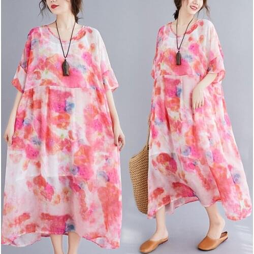 2021 Korea Plus Size Floral Chiffon Maxi Sundress Vintage Summer Women Loose Beach Midi Dresses Elegant Bodycon Party Vestidos