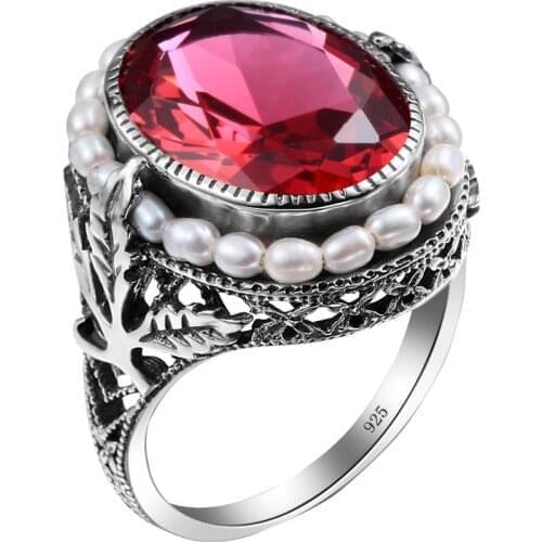 Szjinao Vintage Sterling Silver Rings For Women Silver 925 Gothic Gemstones Ring With Ruby Natural Fresh Water Pearl Jewelry New