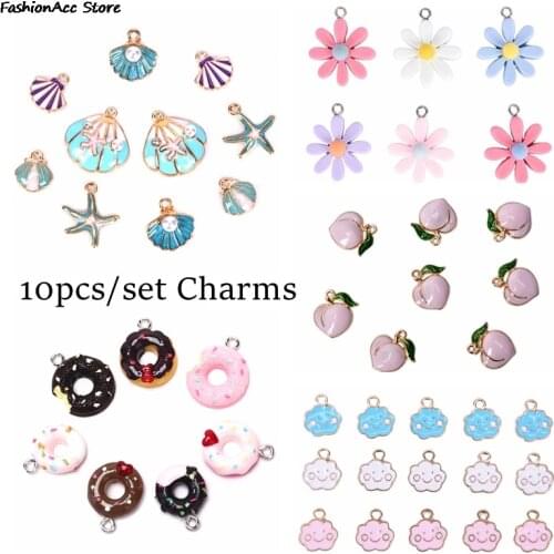 10pcs Mixed Styles Charms Sea Starfish Shell Daisy Cloud Fruit Peach Donuts Girl Cute Supplies For DIY Jewelry Making Accessory