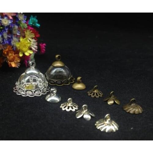 100sets 15mm Glass dome bronze plated double lace base metal cap glass vials necklace pendant glass cover jewelry accessories