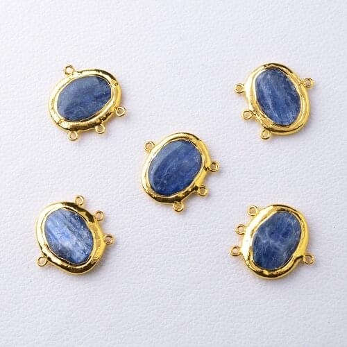 5PCS Natural Blue kyanite Oval Beads Gold plated Edge Connector Pendant For Making Bracelet necklace Jewelry DIY