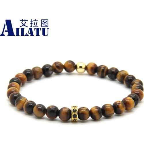 Ailatu 6mm AAA Grade Natural Tiger Eye Stone with Micro Paved Black Zircons Spacer Cz Wheel Bracelet