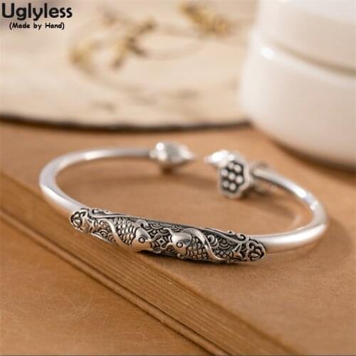 Uglyless Handmade Lotus Buds Bangles for Women Real 999 Thai Silver Carp Fishes Bangles Engraved Animals Eastern Ethnic Jewelry
