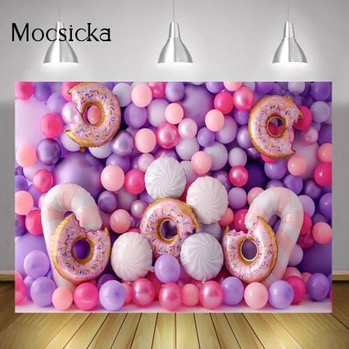 Donuts Candyland Children Cake Smash Background Purple Balloons Wall Newborn Kids Birthday Portrait Backdrop Photography Studio