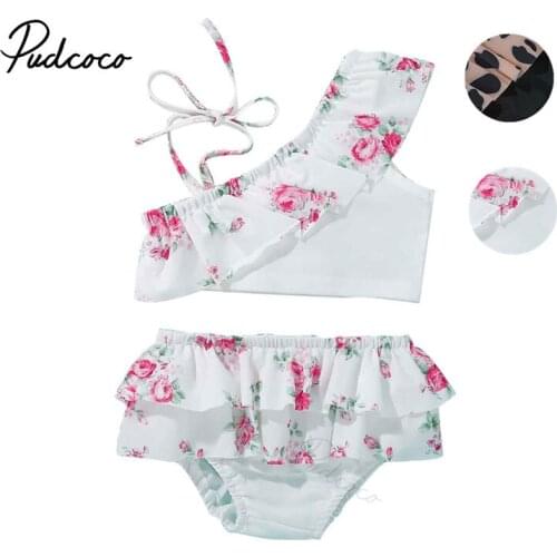 Girl’s Cute Two Piece Split Swimsuit Fresh Leopard/Flower One-shoulder Camisole and Ruffles Triangle Shorts 18M-6T