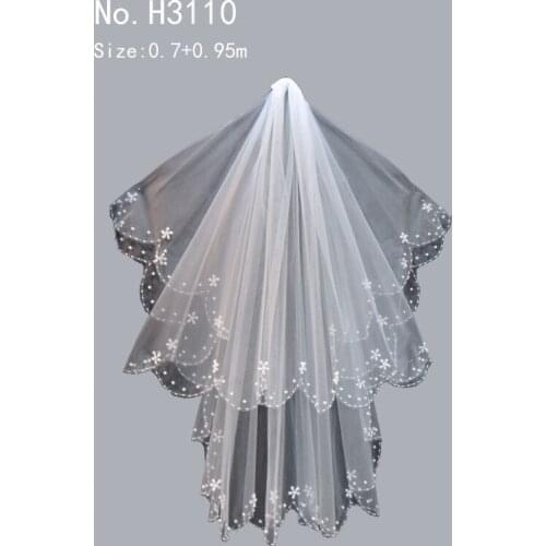 Fashion 2-layer beaded lace bridal veil with wedding dress veil around hem beads 70+95CM