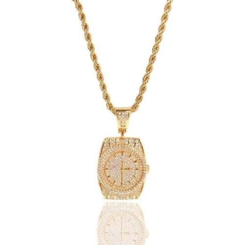 Fashion Classic Zircon Watch Shape Pendant Necklace Trend Hip Hop Jewelry Gift for Men