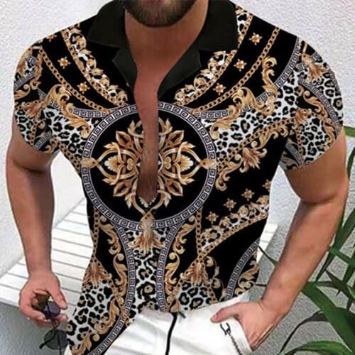 Mens Spring/Summer Large Size M-3XL Retro Fashion Print Loose Lapel Short-Sleeved Shirt Top