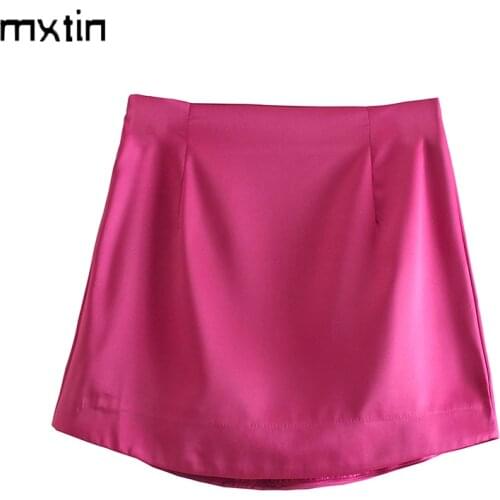 MXTIN 2021 Women Summer Vintage Solid Silk Satin Texture Mini Skirt Fashion Zipper A Line England Style Streetwear Faldas Mujer