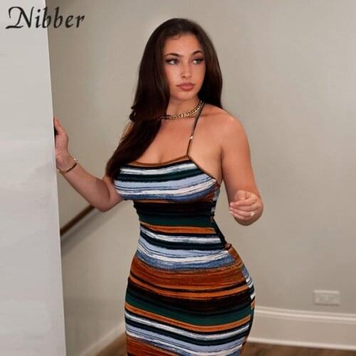 Nibber Y2k Striped Printed Sling Mini Dresses Women Sexy Skinny Slash Neck Backless Summer Vintage Midnight Clubwear Outfits